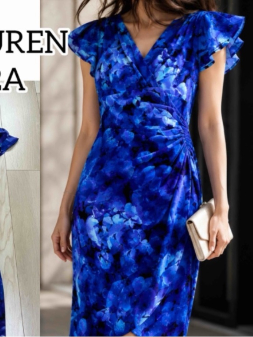 NWT size 12 Lauren Ralph Lauren Royal Blue Floral Wrap Midi Dress